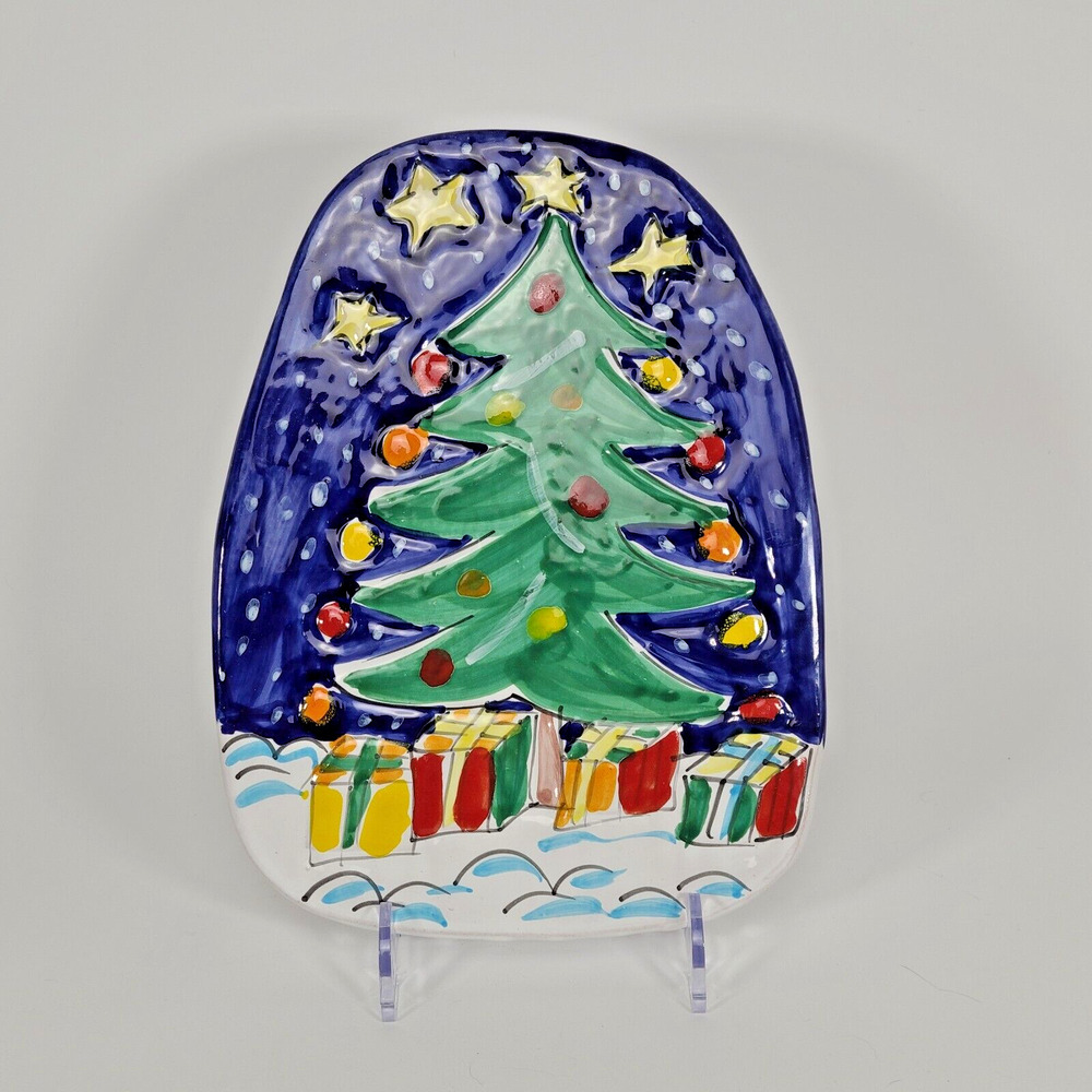 Holiday Christmas Pottery Oval Trivet Made in Italy Tree Stars Presents